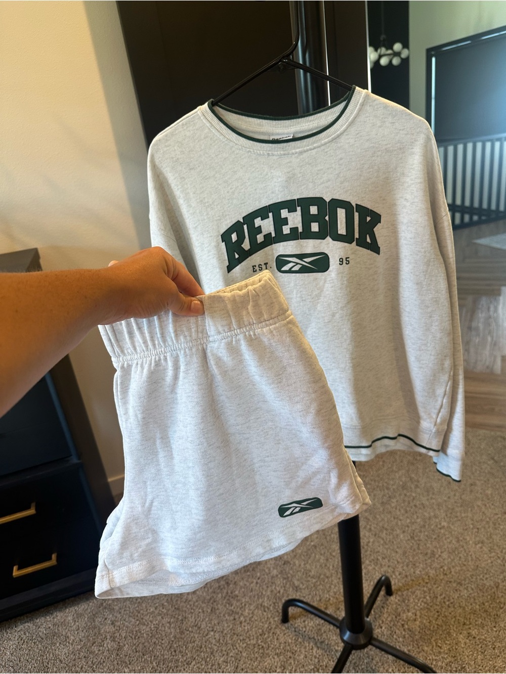 Reebok Light Gray Sweatshirt & Shorts Set with Dark Green Logo